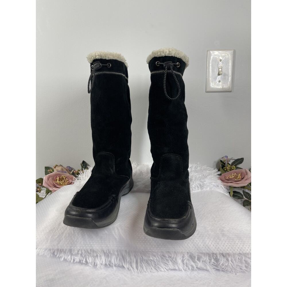 Lands' End Winter Boots Women's 9B Black Suede‎ Faux Fur Trim Après-Ski Gorpcore